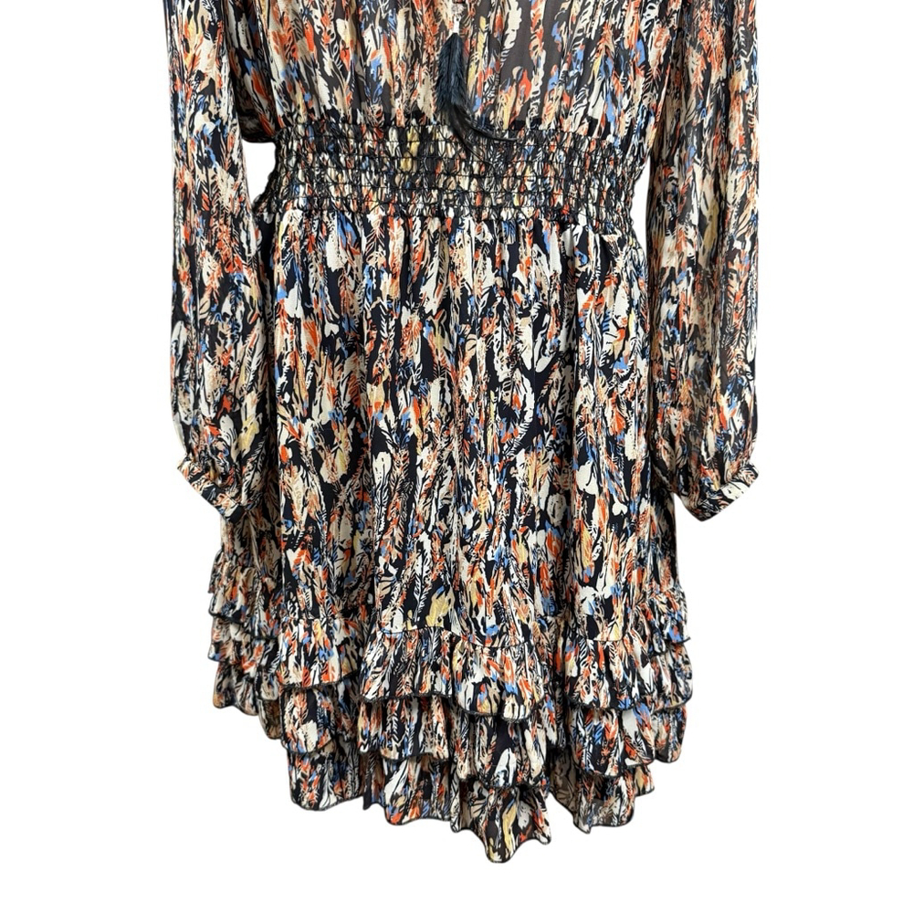 Scully Feather Print Long Sleeve Boho Mini Dress Medium - Picture 3 of 9
